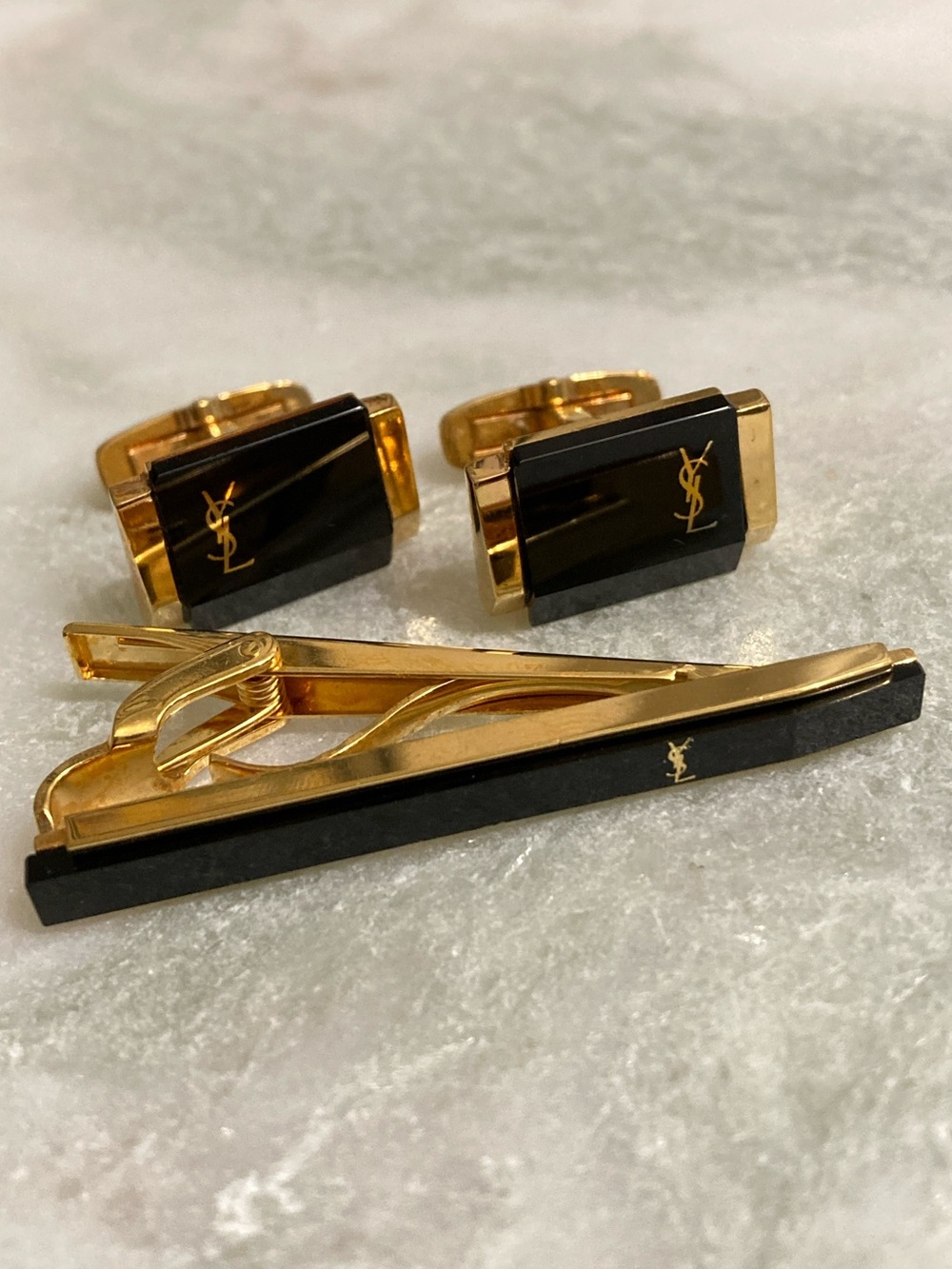 YSL Vintage Cuff Links & Tie Clip Set